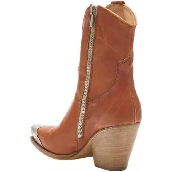 Women's Tan Western Cowgirl Ankle Boots Stacked Block Heel Steel Toe Heeled - Picture 4 of 7